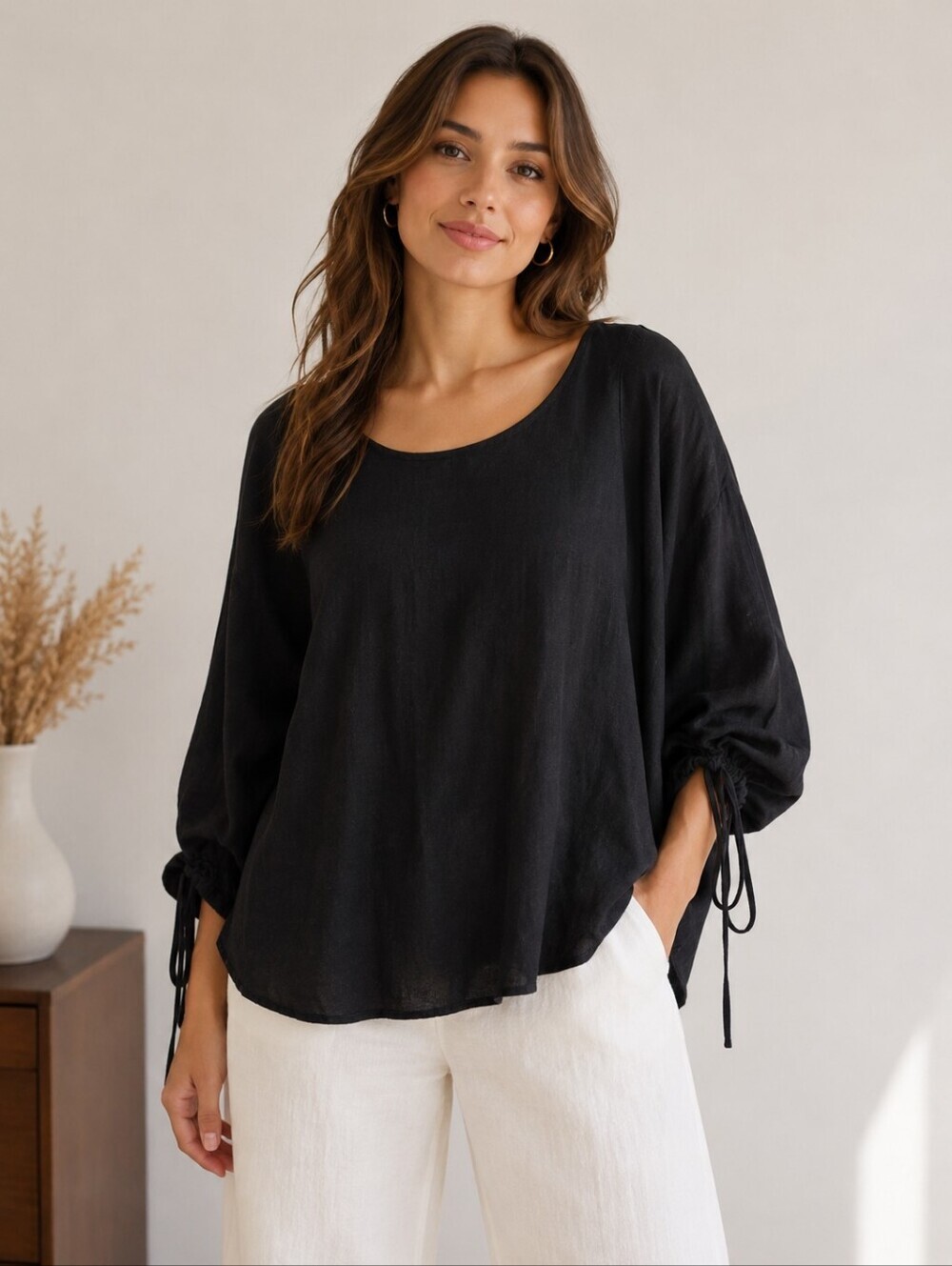 Max Studio Pull String Sleeve Black Sweater